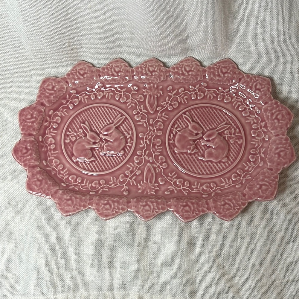 Bordallo Pinheiro Rabbit Pink Platter Tray Easter Serving Portugal